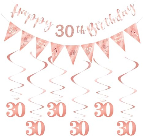 Deko 30 Geburtstag Frau,Rosa Girlande Geburtstags Rose Gold 30th Happy Birthday Party Banner Spiralen Luftschlangen Fotogirlande Decorative Sweet Set für Foto Hintergrund Geschenk Geburtstagsdeko