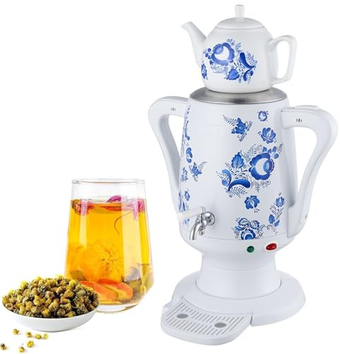 Electric Ceramic Tea Kettle, Electric Turkish Samovar with 1800W High Power, 3.5L Stainless Steel Kettle + 0.6L Ceramic Teapot, Auto Shut-Off & Boil-Dry Protection for Russian, and Turkish Tea
