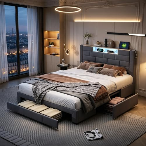Lit Double 160x200 avec Sommier, Cadre de Lit LED avec 3 Grands Tiroirs de Rangement et Tête de Lit avec Prise USB+Type C, Structure en Velours Gris avec Rangement de Tablette, Moderne et Robuste