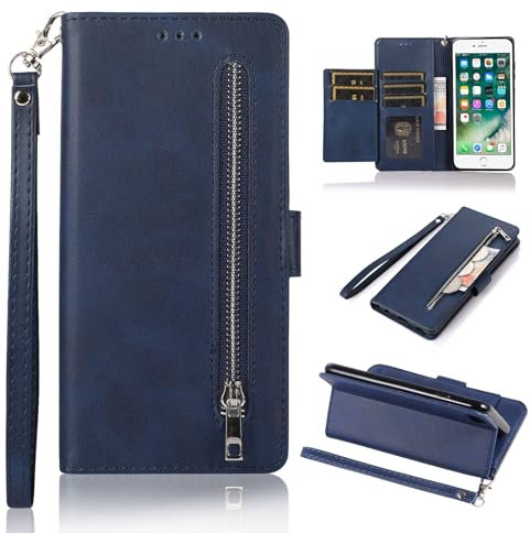 EYZUTAK Wallet Case for iPhone SE(5G) 2022 iPhone 7 iPhone 8 iPhone SE 2020, 5 Card Slots Magnetic Closure Zipper Pocket Handbag PU Leather Flip Case with Wrist Strap TPU Kickstand Cover - Blue