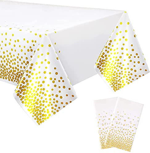 YXHZVON 2 Stück Party Tischdecke Einweg, Plastik Tischdecke Weiß Gold Dot Geburtstag Tischdecke für Abschlussfeier Jahrestag Hochzeit Einweihungsparty (137 x 274 cm)