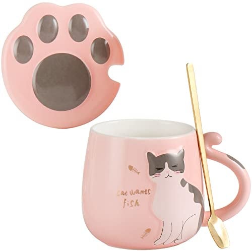 All-Pie Cat Mug Cute Ceramic Coffee Cup with Lovely Cat Claw lid Stainless Steel Spoon,Special Tea Cup Set 400ml/13.5oz (Pink)