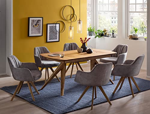 Tischgruppe Ausziehtisch Ando XL 160(210) x90 cm Eiche rustikal massiv +Drehsessel Malou 11 Bezug Velours Cloud Gray Varianten, Anzahl Sessel:mit 6 Sesseln