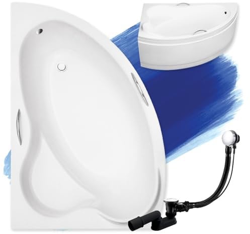 BADLAND Original Eckbadewanne Weiß Acryl Wanne Badewanne Ada 140x90 cm KOMPLET KOMPLETTSET SET Acrylschürze, Handgriffen, Füßen und Premium Chrom Automatik Ablaufgarnitur Made in EU 4in1