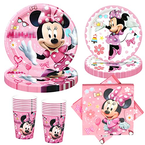 Kit de Vajilla Cumpleaños, 68 Piezas Juego de Vajilla Cumpleaños Rosa con 32 Platos, 16 Tazas, 20 Servilletas, Decoración de Mesa para Cumpleaños para 16 Niños