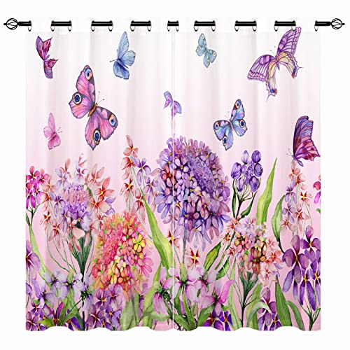 YUANZU Blumen Schmetterling Vorhänge Sommer Aquarell Blume Bunt Ösen Gardinen mit Blickdichte Thermo Vorhang Kälteschutz Blackout Curtain Mädchenzimmer Verdunkelung Fenster, 2 Stück, H 175 x B 140 cm