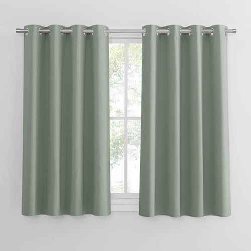 PONY DANCE Scheibengardine Küche Vorhang Verdunkelung 2er Set H 114 x B 132 cm Kurze Blickdichte Vorhänge mit Ösen Fenstergardinen Blickdicht, Salbeigrün