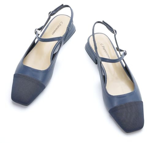 C.Paravano Damen Slingback Schuhe Flache Schuhe für Damen Sandalen Elegant & Komfortabel Ideal für Reisen, Einkaufen und Party(Navy&Beige,37)