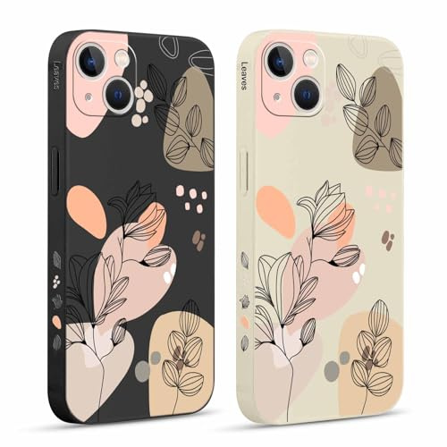 Pnakqil 2 stück Handyhülle für iPhone 13 Mini 5,4, Hülle Blumen Blätter Zeichnung Bemaltes Muster süß Ästhetik Silikon Schutzhülle Tasche Schön Mädchen Kameraschutz Stoßfeste Case