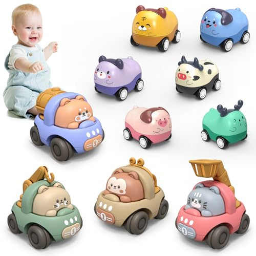 ZHUOYOU Baby Spielzeugauto Spielsachen Baufahrzeuge für Kinder 1 Jahre, 10 Stück Baby Spielzeugauto Tier Rennwagen, Pull Back Auto für Kleinkinder, Geschenke für Kinder ab 2 3 4 Jahre Mädchen