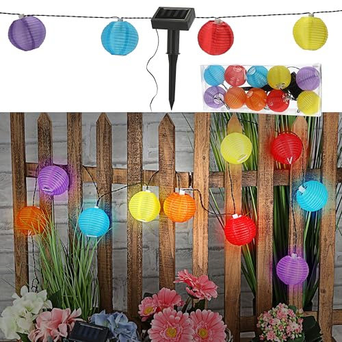 Cepewa LED Solar Lampion Girlande mit 10 Lampions | Ø7cm 185cm bunt Polyester Kunststoff | 10 LEDs warmweiß | Lichterkette zum Aufhängen (1 x Lichterkette Girlande bunt)