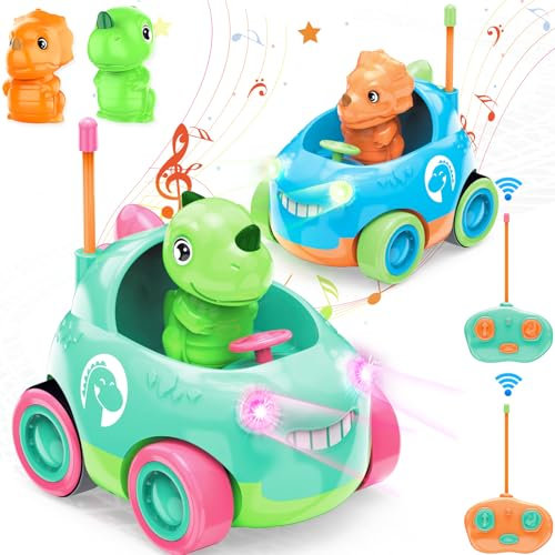BuzzoXerex Voiture Télécommandée Dinosaure Enfant À Lumières et Musique, Set de 2Jouets pour Enfants 2-6 ans