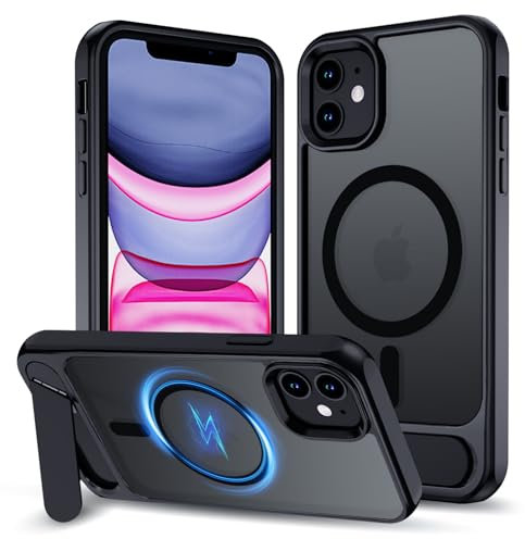 XTCASE für iPhone 11 Hülle Magnetisch kompatibel mit Magsafe, Matt Transluzente Handy Hülle mit Aluminium-Ständer Militärschutz Stoßfest Handyhülle Kratzfest Hardcase, Schwarz