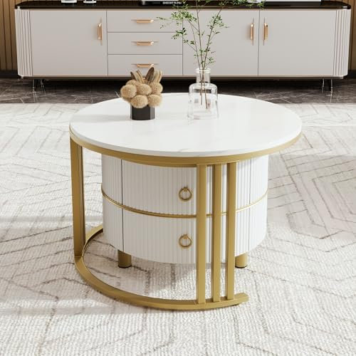 LANTRO JS Couchtisch Rund, Satztisch 2er Set, Couchtisch mit Stauraum, Wohnzimmertisch, 70 * 70 * 46 und 50 * 50 * 40cm (weiß)