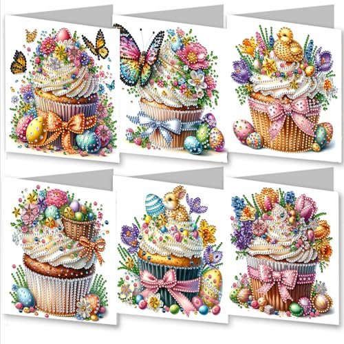 WOWDECOR Diamond Art Greeting Cards Kit Easter Cupcake Eggs Butterfly, Pack of 6 DIY Diamond Painting Cards Sets, 5D Diamond Art Happy Easter Cards with Envelopes, Postcards for Handmade