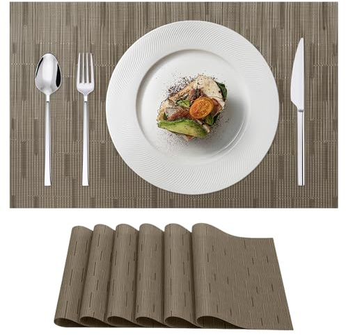 AMFUN 6er Set Tischsets Abwaschbar, Gewebte Platzdeckchen, Wasserdicht Platzsets für Küche Hause Restaurant und Hotel, 45x30cm, Braun