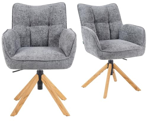 DUBI Möbel 2er Set Esszimmerstühle höhenverstellbar, Bürostühle & Konferenzstühle, 360° drehbar mit Taschenfederkern, ergonomisch gepolstert, Eichegestell, Stoff Grau, Modell Mika-Keno