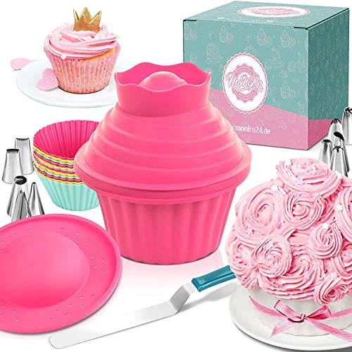 MoNiRo Große Cupcake Backform - Extra XXL Muffinform mit Spritztüllen und Spritzbeutel zum Backen - Giant Cupcakes - 30 Teiliges Back-Set Zubehör Silikon Form für Torten, Muffins und Deko