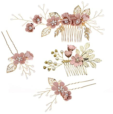 4 Stück Gold Hochzeit Haarkamm Perle Braut Haarschmuck Strass Brautschmuck Kamm Haarspange für die Braut Brautjungfer - Rosa