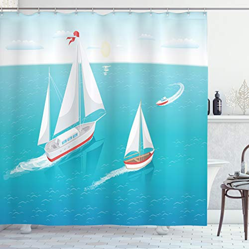 ABAKUHAUS blau Wasser Duschvorhang, Segelboote und Sonne, Stoffliches Gewebe Badezimmerdekorationsset mit Haken, 175 x 220 cm, Sea Blue und Mehrfarbig