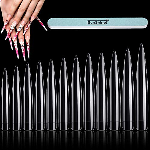 180 Pieces Extra Long Nails Tips Stiletto False Nails Sharp 12 Sizes Artificial Nails Tips with Nail Files for DIY Fake Nail Manicure Nail Salon Teaching Practice and Performances (Clear)