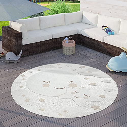 Paco Home Kinderteppich Kinderzimmer Outdoor Teppich Rund Spielteppich Junge Mädchen, Grösse:160 cm Rund, Farbe:Creme 2