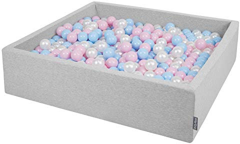 KiddyMoon Piscine À Balles pour Bébé Carré 120X30cm/300 Balles 7Cm Grande Fosses À Boules Jouet Enfant, Gris Clair: Babyblue-Rose Poudré-Perle