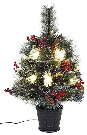 Christmas Concepts® 2 piedi (60 cm) Albero di Natale in fibra ottica satinato pre-illuminato con coni naturali e bacche rosse con luci a LED bianco caldo
