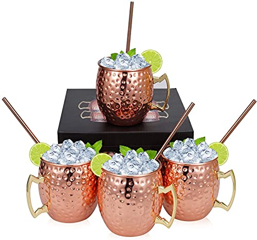 Wylnsie Set of 4 Copper Hammered Moscow Mule Chilled Cocktail Drinks, Handmade Copper Mug with 4 Straws, Drinking Cup Gift Set for Home Bar Party