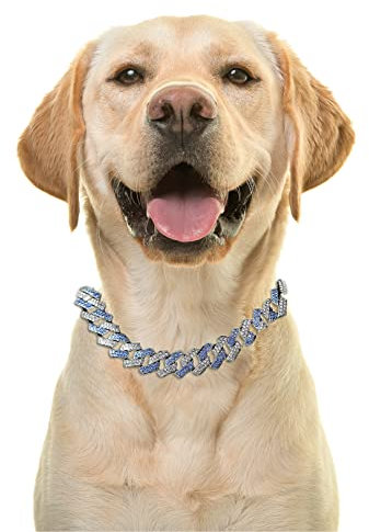 Halukakah Goldkette Iced Out für Große Hunde,Diamant Kubanische Halskette Kragen 14MM Platin Weißgold Überzogen Blau Diamanten 45cm Größe mit KOSTENLOSER Geschenkbox,Nur Dekoration