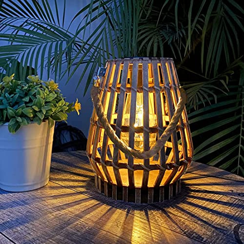 Solar-Hängelaterne für den Außenbereich, wasserdicht, natürliche Bambus-Laternen mit Griff, Edison-Glühbirnen-Design, Solar-Tischlampe, Lichter, Dekoration für Innenhof, Terrasse, Garten, Bauernhaus