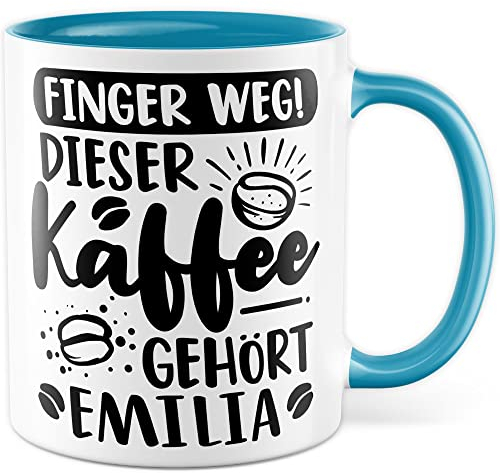 Kaffee-Tasse personalisiert mit Spruch lustig - FINGER WEG! Dieser Kaffee gehört eigener Name - Geschenk personalisierbar Geschenk-Idee Büro personalisieren Kaffee-Becher (Weiß & Blau)