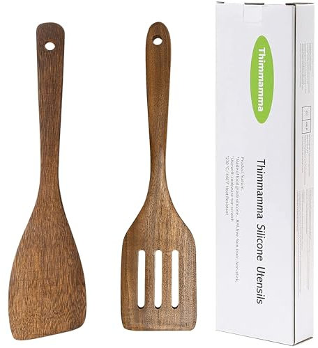 Thimmamma Wooden Spatula Set - 2 Pack, 12 Inches, Solid Wood, Slotted & Angled Turner, Nonstick Cookware, Kitchen Spatula for Fish, Eggs, Pancakes