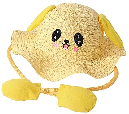 CLSSLVVBN Sommer Sonnenhut mit beweglichen Ohren für Kinder, lustiger und stilvoller, ungiftiger Kaninchen Strohhut für Kinder, atmungsaktiver Fischerhut, Gelb, (52 54 cm)
