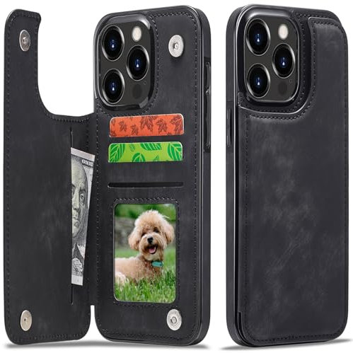Sibada Cuir Coque pour iPhone 15 Pro Max Étui Portefeuille Magnétique Pliable avec Fente pour Carte Snap Porte-Carte RFID Support Housse (2023) 6,7 - Noir