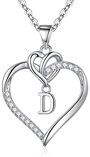 TINGN Halskette Damen Geschenke für Frauen, Silber Kette mit Buchstaben Herz Anhänger Kette für Damen Mädchen Intiale D Halskette Damen Buchstaben Kette Schmuck Damen Geschenke für Frauen Mädchen