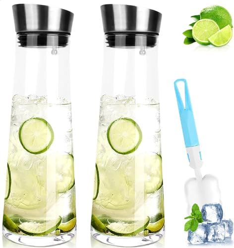 JOLIGAEA 2PCS Wasserkaraffe Glas, 1 Liter Glaskaraffe mit Deckel, Wasserflasche Glas, Wasserkanne, Karaffe aus Glas für hausgemachte,Getränke/Eistee/Milch/Kaffee/Wein