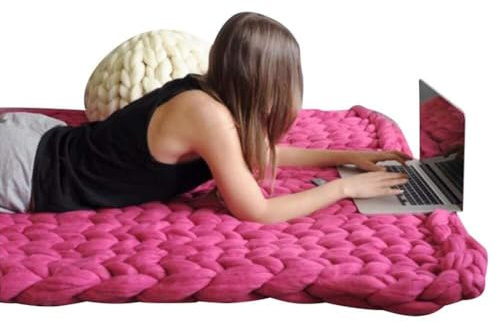 WJHDWYD Plaid Tricot Grosse Maille Fait Main Confortable Chaud Décoration de Maison(Rose Red,100X150)
