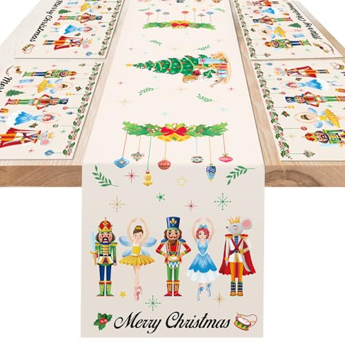 DPKOW Chemin de Table de Noël Casse-Noisette Sets de Table, Deco Table Noel Casse-Noisette Nappe de Noël Set de Table de Noël, Chemin de Table de Casse-Noisette Cuisine Table à Manger décoration Noël