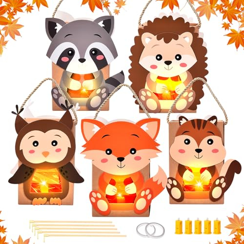 Herefun 5 Stück Laternen Bastelset, Laterne Kinder Bastelset, Herbst Windlichter zum Basteln Fuchs Eule Waschbär Eichhörnchen Lgel mit Laternenstab, DIY Kreativset Geschenk Jungen Mädchen Sankt Martin