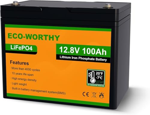 ECO-WORTHY Bateria Litio 12V 100Ah Lifepo4, Protección BMS y 4000+ Ciclos Profundos, Para Hogar,Autocaravana, RV, KIT Panel Solar, Barco, Maleta