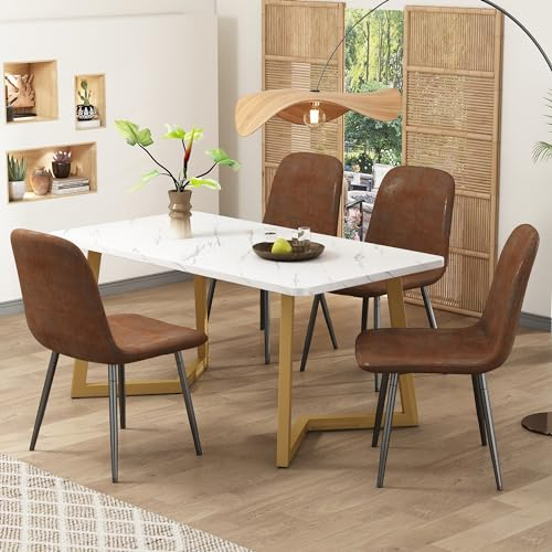 Moderne 5-teilige Essgruppe: Esstisch mit 4 Stühlen - Skandinavisches Design, Kunstleder, Goldene Tischbeine - Elegantes Set für Küche, Esszimmer, Wohnzimmer - Braun & Weiß