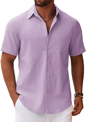 COOFANDY Men's Short Sleeve Summer Shirts Lightweight Linen Shirts Casual Cotton Shirt with Pocket Solid Shirt Beach Holiday Purple XL