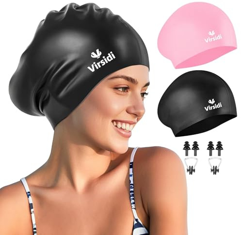 2 Pack Large Swim Caps for Long Hair, Silicone Swimming Cap for Adult Women Men, Waterproof Swim Hats Bathing Caps to Keep Hair Dry with Bonus Nose Clip and Earplugs-01