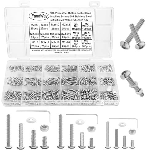 FandWay 900Pcs Bolts and Nuts Set,M2 M2.5 M3 Button Head Machine Screws,ISO 7380 Allen Screws,304 Stainless Steel Hex Bolts and Washers Set Fully Threaded With 3 Allen Key.