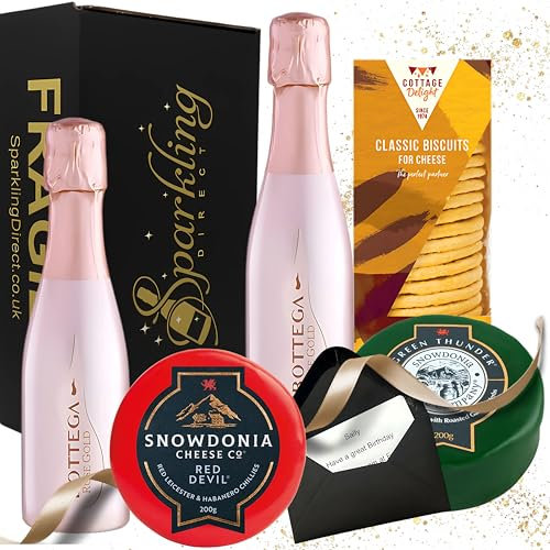 Rosé Sparkling Wine and Cheese Gift Set – 2 x Bottega Rosé Gold Vino Spumante (20cl) with Cheese & Biscuits in Luxury Black Hamper – Elegant Gift for Her or Couples