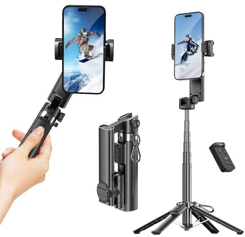 Mesenymm Stabilisateur de cardan pour smartphone avec télécommande, perche à selfie et trépied, interrupteur horizontal/vertical à une touche et rotation automatique à 360°, compatible avec iPhone et