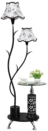 DANNMPX Steh Lampe Schlafzimmer Stehlampe Mit Glastisch Stofflampenschirm Wohnzimmer Standleuchte Wohnzimmer(Black)