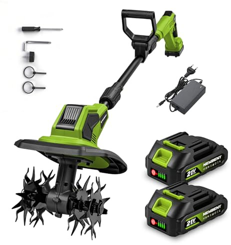 NewBeny Akku-Bodenhacke Gartenfräse Elektrisch mit 2 x 2,0-Ah-Akkus, Bodenfräse mit 4 Sätzen Stahlmessern, 23 cm Breite und 17 cm Gartenfräse Akku zum Jäten, Bodenbearbeiten und Rasenpflege