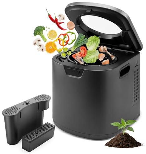 NutriChef 4 Quart Elektrisk Kökskomposter | Smart Bänkkomposter Inkluderar 2 Odörfria Kolfilter | Elektrisk Kompostbin För Inomhusbruk | 3 Volymbaserade Lägen Liten| Grå